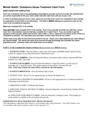 Mental Health Substance Abuse Treatment Claim Form