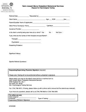 Psychological Testing Referral Form - St Joseph Mercy Ann Arbor