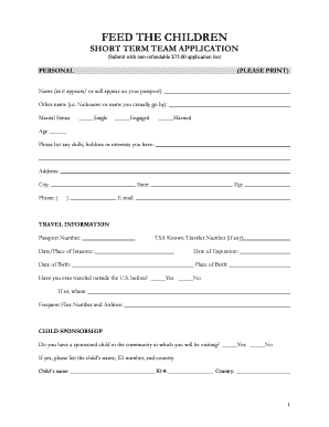 Feed the Children Short Term Team Application