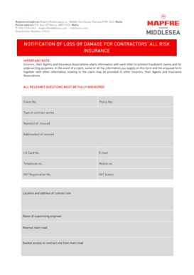 Notification of Loss or Damage for Contractors' All Risk Insurance