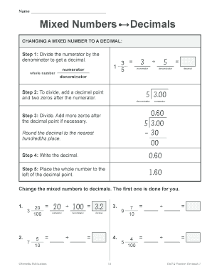 Math Worksheet: Changing Mixed Numbers to Decimals