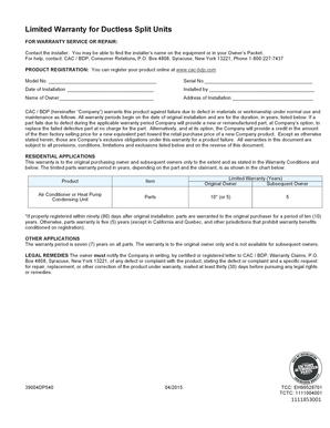 Limited Warranty for Ductless Split Units