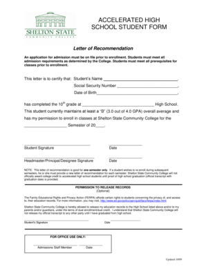 Letter of Recommendation for Accelerated High School Student