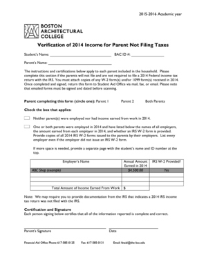 Verification of 2014 Income for Parent Not Filing Taxes