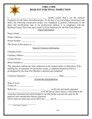 Fire Code Request for Final Inspection