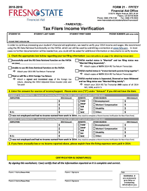 2015-2016 Parent Tax Filers Income Verification Form