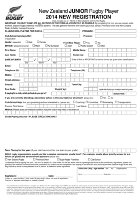 New Zealand Junior Rugby Player Registration Form