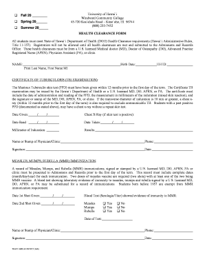 University of Hawai`i Health Clearance Form