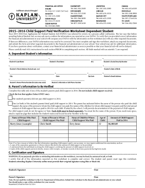2015–2016 Child Support Paid Verification Worksheet