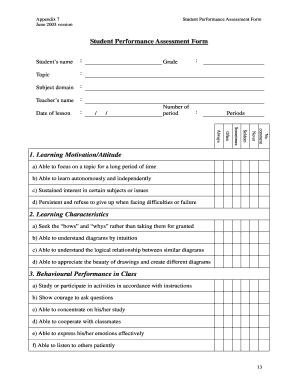 Student Performance Assessment Form