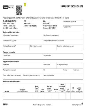 WorkSafeBC Supplier/Vendor Quote Form