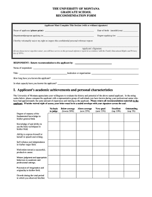 University of Montana Graduate School Recommendation Form