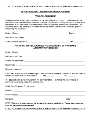 Gateway Regional High School Medication Form