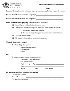 Wisconsin Historic Property Nomination Questionnaire