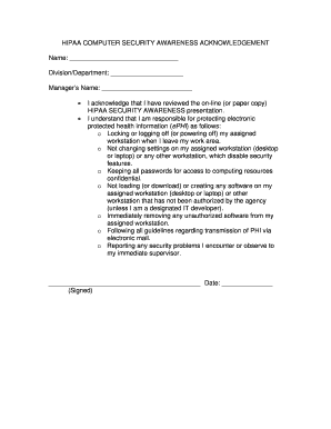 HIPAA Computer Security Awareness Acknowledgement