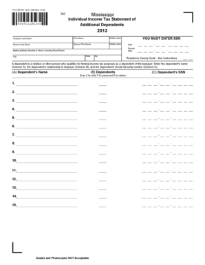 Mississippi Individual Income Tax Statement of Additional Dependents