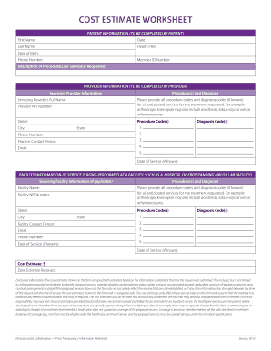 Massachusetts Medical Price Transparency Cost Estimate Worksheet