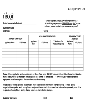 Gas Equipment List Form
