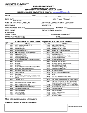 Iowa State University Hazard Inventory Form