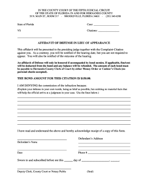 Florida Affidavit of Defense in Lieu of Appearance