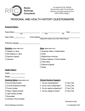 Personal and Health History Questionnaire