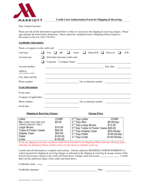 Credit Card Authorization Form for Shipping & Receiving