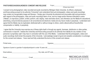 Michigan State University Photo/Video/Audio Consent Form