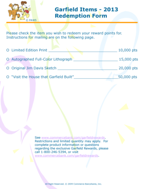 Garfield Items 2013 Redemption Form