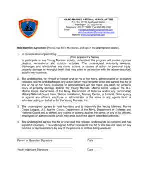 Young Marines Hold Harmless Agreement