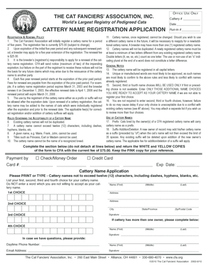 Cat Fanciers' Association Cattery Name Registration Application
