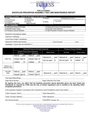Backflow Prevention Assembly Test and Maintenance Report