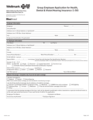 Employee Application for Health, Dental & Vision/Hearing Insurance
