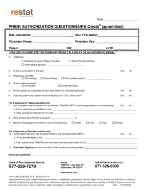 Prior Authorization Questionnaire for Otezla