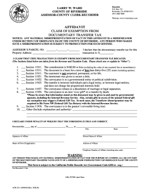 California Affidavit Claim of Exemption from Documentary Transfer Tax