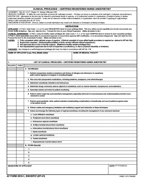 Clinical Privileges Form for Certified Registered Nurse Anesthetist