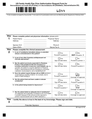 Prior Authorization Request Form for Desvenlafaxine