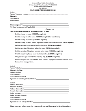 Vermont Real Estate License Change of Information Form