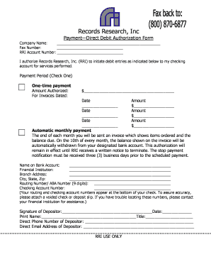 Records Research Direct Debit Authorization Form