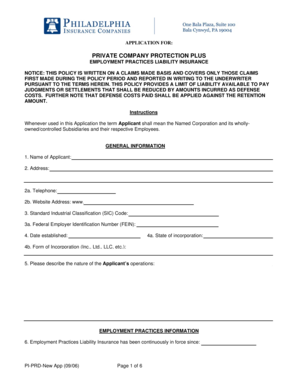 Private Company Protection Plus Employment Practices Liability Insurance Application