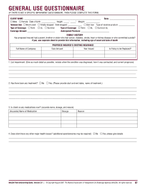 General Use Questionnaire for Life Insurance