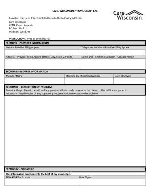 Care Wisconsin Provider Appeal Form