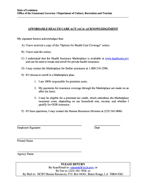 Affordable Health Care Act Acknowledgment