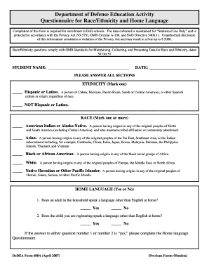 DoD Education Activity Race/Ethnicity and Home Language Form