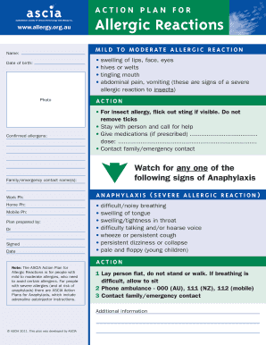 Allergy Action Plan for Mild to Moderate Reactions