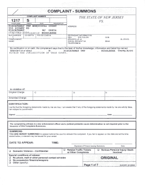 New Jersey Complaint Summons