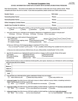School Information Form for Student with Asthma