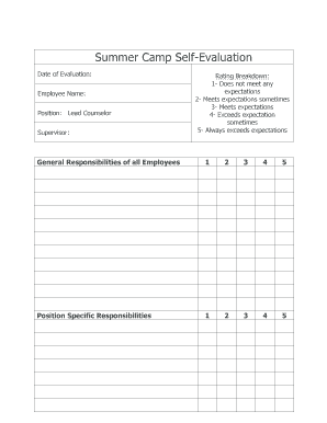 Summer Camp Lead Counselor Self-Evaluation Form