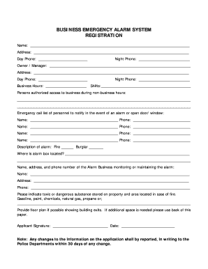 Business Emergency Alarm System Registration Form