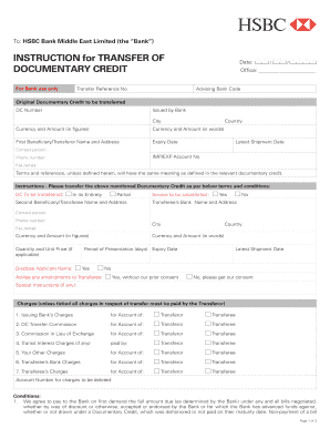 HSBC Bank Documentary Credit Transfer Instructions