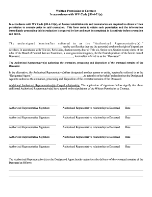 West Virginia Written Permission to Cremate